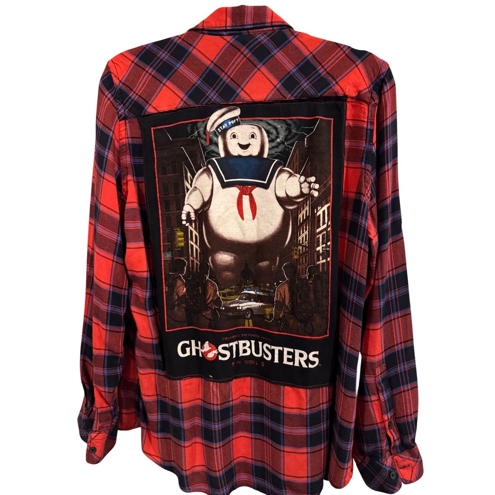Upcycled Ghostbusters Flannel Shirt Puff Marshmallow‎ Man Graphic